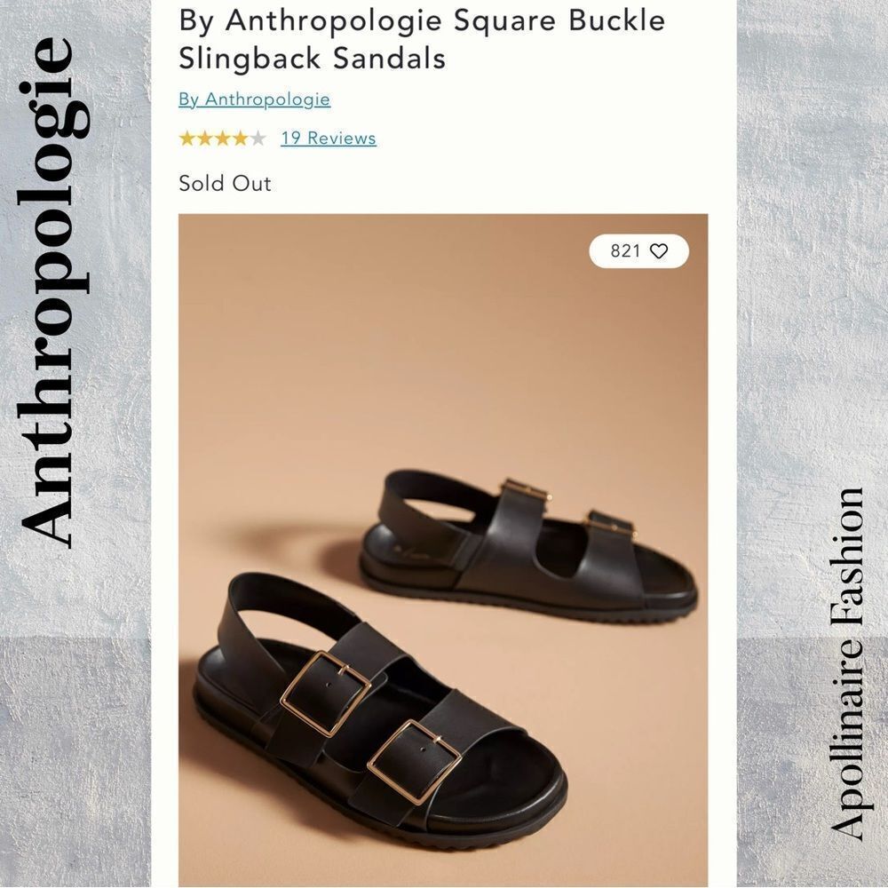 Anthropologie Black Square Buckle Slingback Sandals Size 39 New